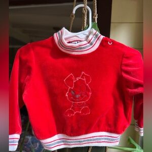 Vintage 1980’s ‘Doe-Spun’ Red Velour Baby Sweater with Embroidered Dog-24 months